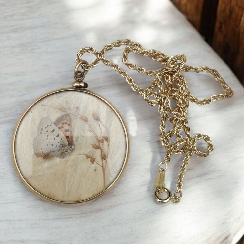 Antique 14K GF Mourning Butterfly Pendants And Necklace